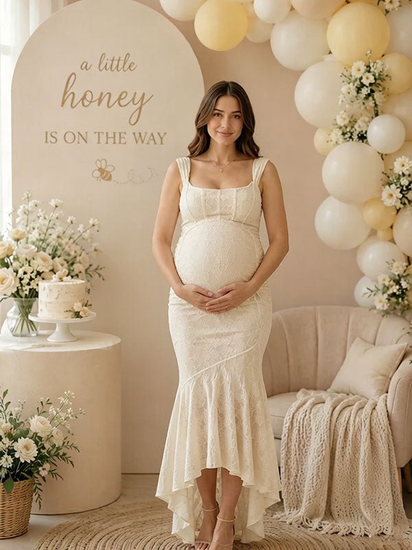 Elegant Beige Ruched Floral Irregular Mermaid Bodycon Maternity Baby Shower Maxi Dress for Maternity
