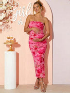 Chic Pink Floral Bandeau Bodycon Side Slit Baby Shower Maternity Maxi Dress for Maternity