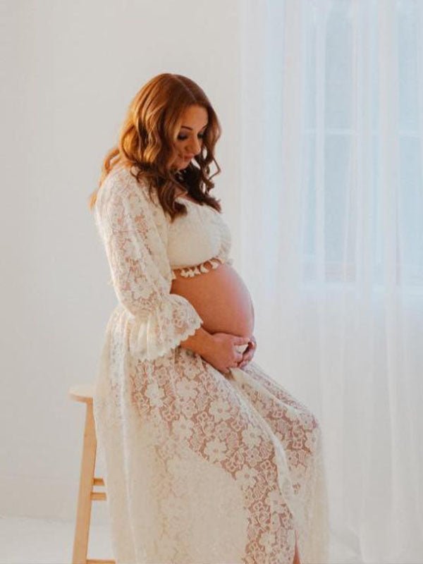 Boho Lace Off Shoulder Lace Tassel Crop Two Piece Side Slit Ruffle Photoshoot Maternity Maxi Dress for Maternity