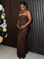 Sequin Bandeau Ruched Knot Draped Bodycon Maternity Maxi Dress for Maternity