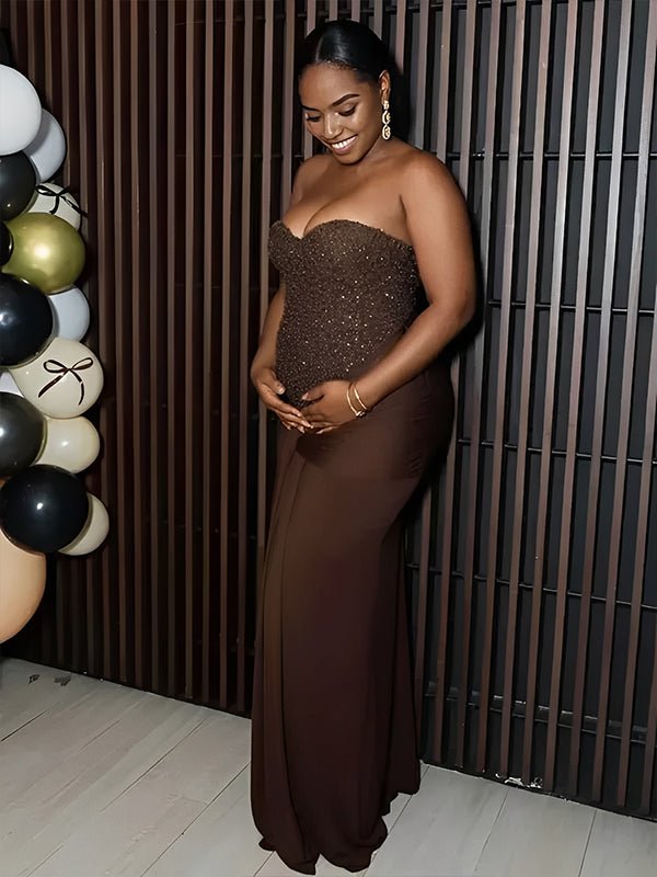 Sequin Bandeau Ruched Knot Draped Bodycon Maternity Maxi Dress for Maternity