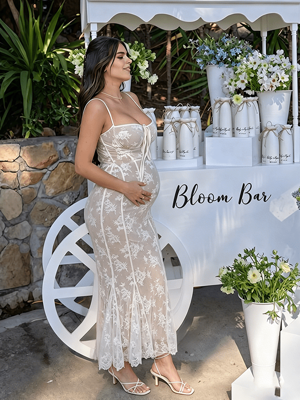 White Lace Corset Spaghetti Straps Mermaid Bodycon Elegant Cocktail Party Maternity Baby Shower Maxi Dress for Maternity