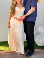 Ivory White Two Piece Set Off Shoulder Ruffle Falbala Bodycon Elegant Maternity Boho Photoshoot Baby Shower Maxi Dress for Maternity