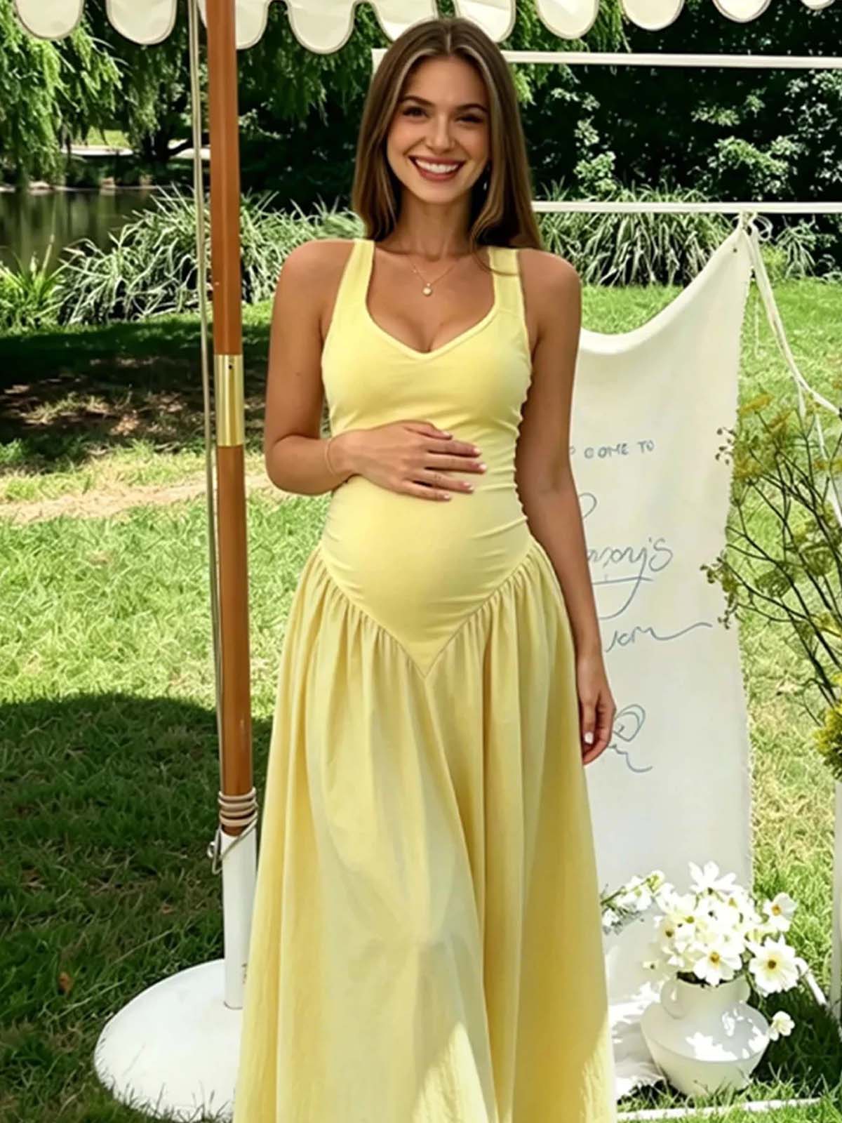 Halter Neck Backless Lace Up Ruffle Baby Shower Maternity Maxi Dress for Maternity