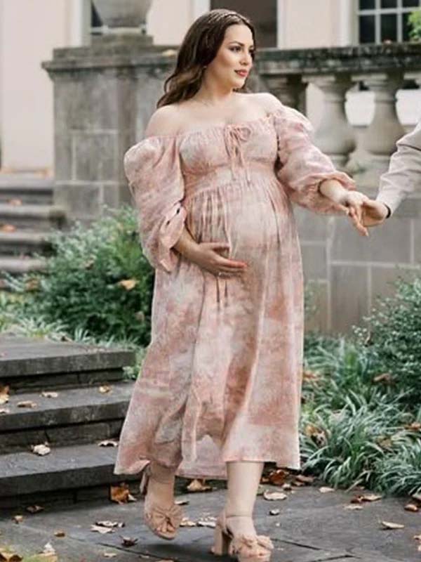 Floral Smocked Lace-up Off Shoulder A-line Maternity Maxi Dress for Maternity