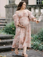 Floral Smocked Lace-up Off Shoulder A-line Maternity Maxi Dress for Maternity