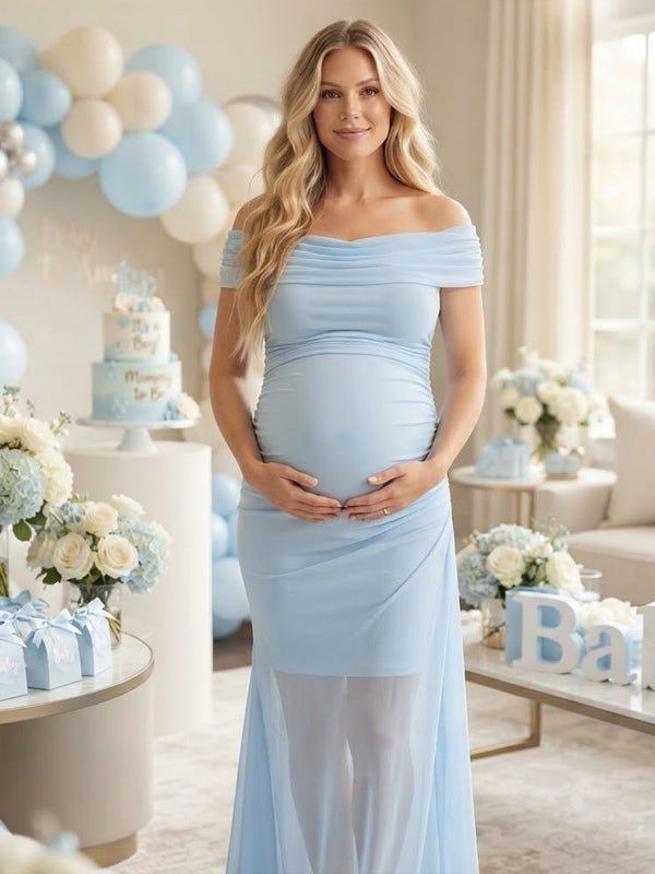 Dangling Collar Ruched Zipper Grenadine Maternity Baby Shower Maxi Dress for Maternity