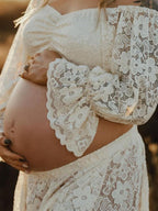 Boho Lace Off Shoulder Lace Tassel Crop Two Piece Side Slit Ruffle Photoshoot Maternity Maxi Dress for Maternity