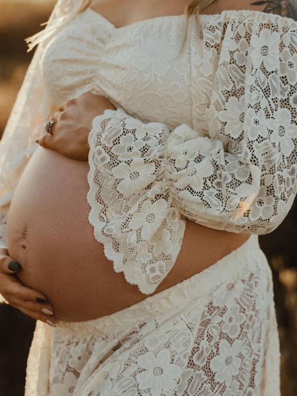 Boho Lace Off Shoulder Lace Tassel Crop Two Piece Side Slit Ruffle Photoshoot Maternity Maxi Dress for Maternity