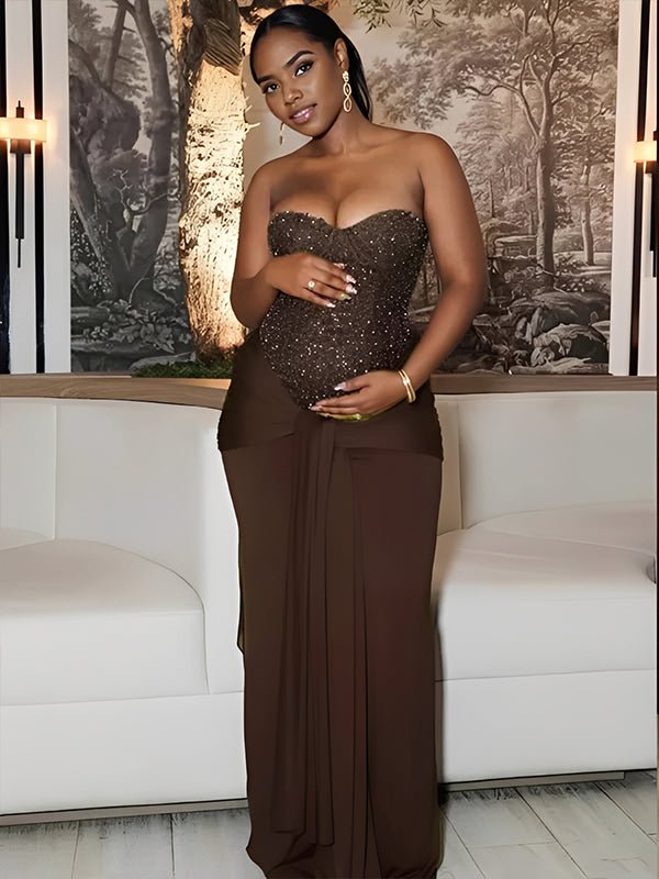 Sequin Bandeau Ruched Knot Draped Bodycon Maternity Maxi Dress for Maternity