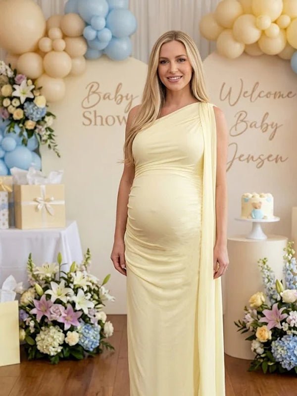 Chic Off Shoulder Side Draped Ribbons Mesh Bodycon Baby Shower Maternity Maxi Dress for Maternity