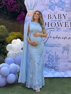 Embroidered One-shoulder Mesh Floral Shoulder Streamer Bodycon Baby Shower Maternity Maxi Dress for Maternity