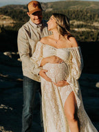 Boho Lace Off Shoulder Lace Tassel Crop Two Piece Side Slit Ruffle Photoshoot Maternity Maxi Dress for Maternity