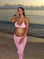 Halter Neck 3d Flower Crochet Backless Lace Up Two Piece Maternity Photoshoot Swimwear for Maternity