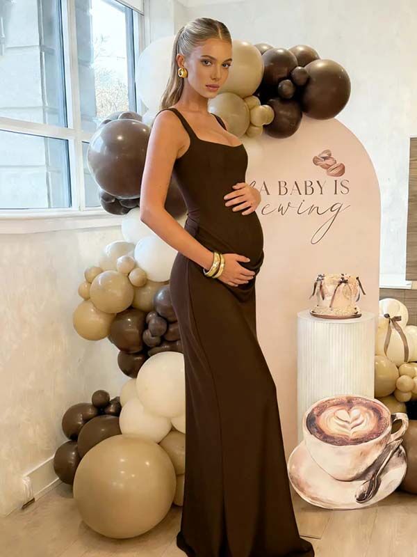Brown Ruched Bodice Lace-up Back Tank Bodycon Maternity Maxi Dress for Maternity