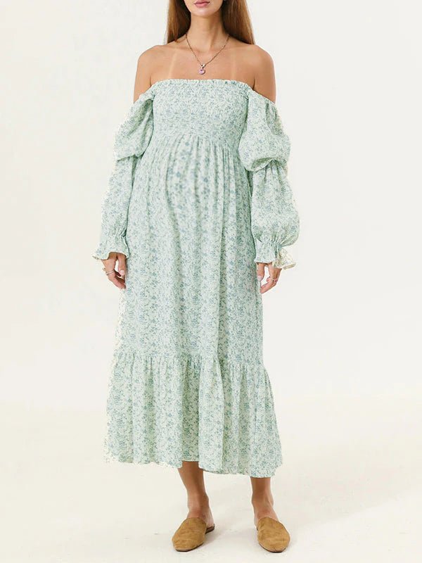 Ruffle Ruched High Waist Puff Sleeve Cute Photoshoot Western Maternity Maxi Dress for Maternity