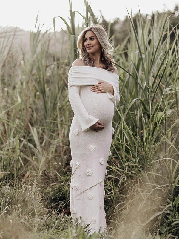 White Off Shoulder 3d Flowers Backless Bodycon Mermaid Cocktail Party Gowns Bandage Photoshoot Maternity Maxi Dress for Maternity