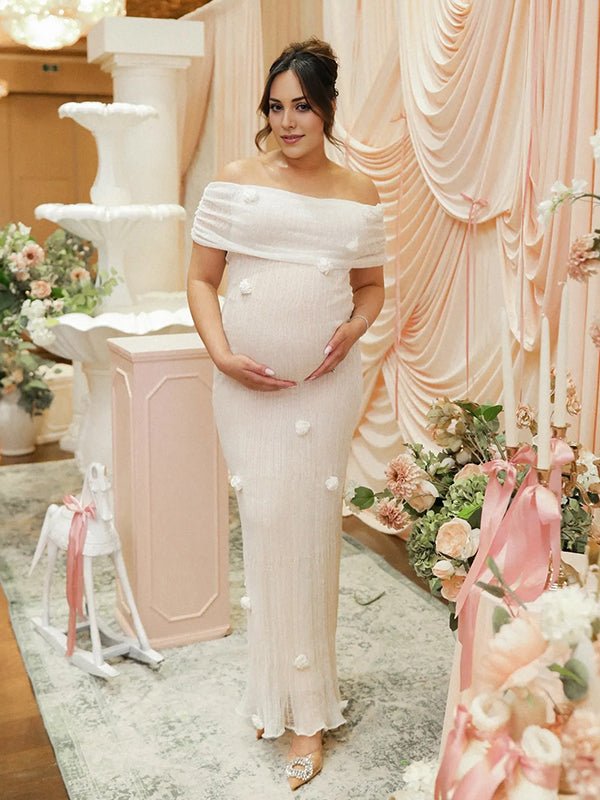 White Off Shoulder 3d Flowers Grenadine Sheer Bodycon Elegant Beach Photoshoot Baby Shower Maternity Maxi Dress for Maternity