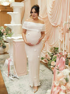 White Off Shoulder 3d Flowers Grenadine Sheer Bodycon Elegant Beach Photoshoot Baby Shower Maternity Maxi Dress for Maternity