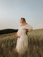 Apricot Daisy Print Smocked Off Shoulder Ruffle Big Swing Elegant Vacation Maternity Photoshoot Baby Shower Party Maxi Dress for Maternity