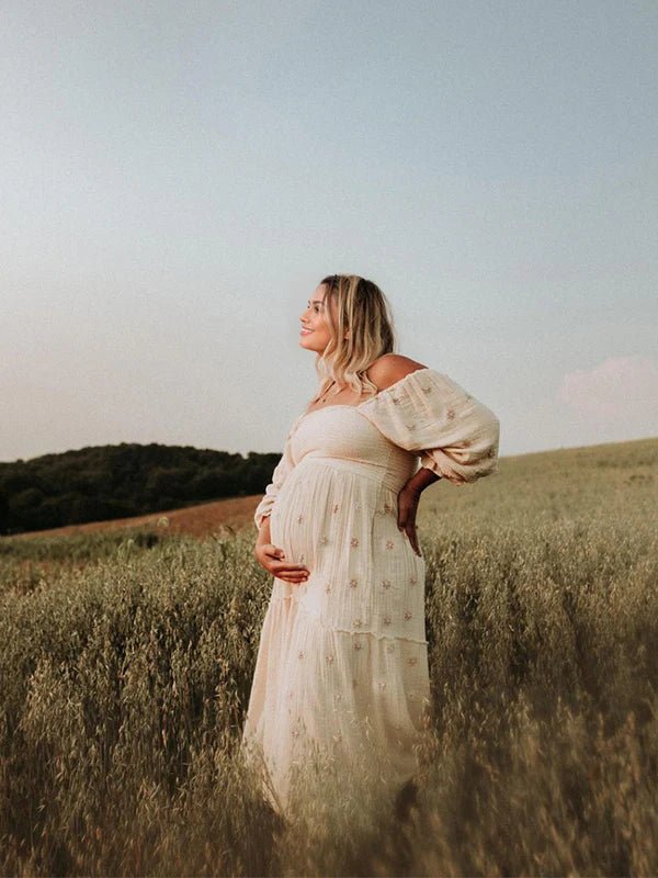 Apricot Daisy Print Smocked Off Shoulder Ruffle Big Swing Elegant Vacation Maternity Photoshoot Baby Shower Party Maxi Dress for Maternity