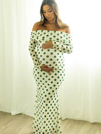 White Off Shoulder Olive Green Polka Dot Bodycon Boho Photoshoot Baby Shower Maternity Maxi Dress for Maternity