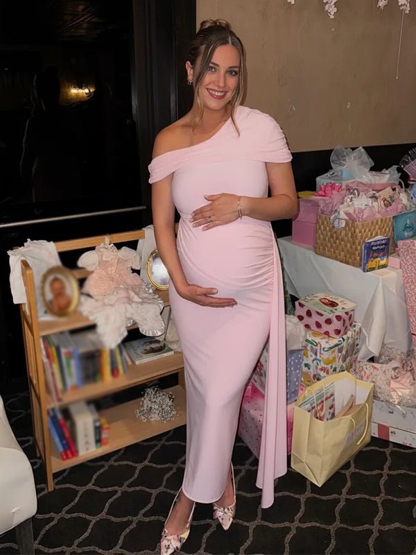 Pink Off Shoulder Draped Baby Girl Shower Maternity Maxi Dress for Maternity