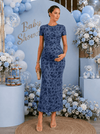 Chic Dark Blue Bodycon Mermaid Floral Baby Shower Maternity Maxi Dress for Maternity