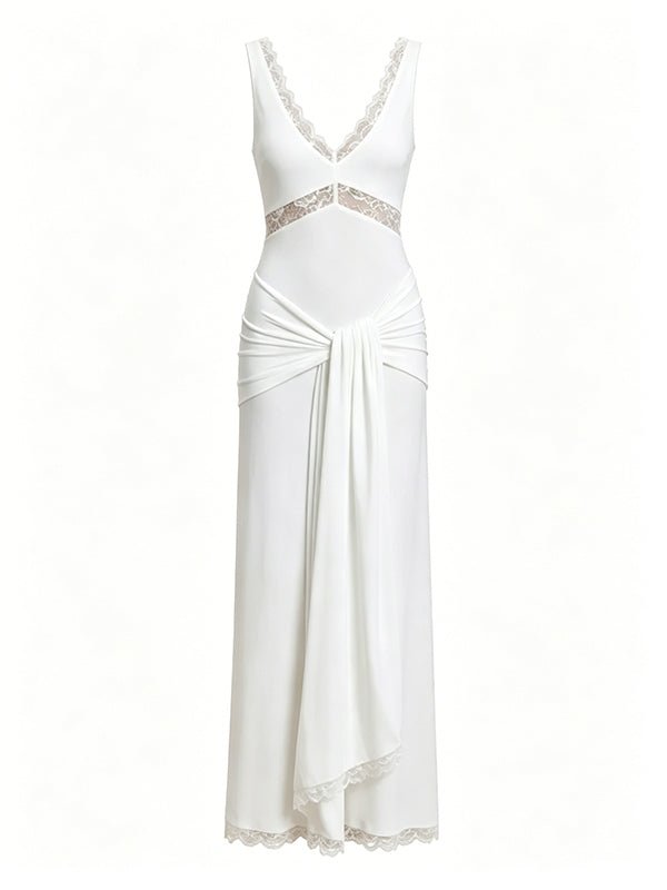 White Lace Ruched Draped Big Swing Baby Shower Maternity Maxi Dress for Maternity