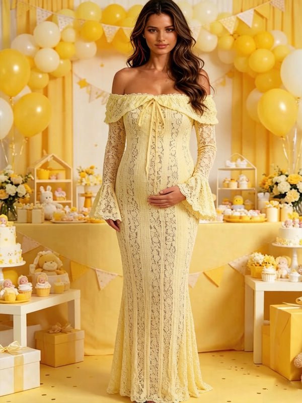 Yellow Off Shoulder Lace Flare Sleeve Lace Up Maternity Baby Shower Maxi Dress for Maternity