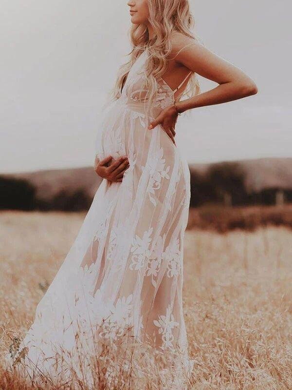 White Lace Boho Maxi Maternity Photoshoot Dress Outdoor And Beach Maternity Photography Gowns for Maternity