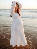 White Ruffle Ruched High Waist Puff Sleeve Cute Photoshoot Maternity Maxi Dress for Maternity