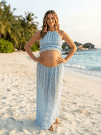 Sweet Blue Ruched Lace-up Two Piece Maternity Maxi Dress for Maternity