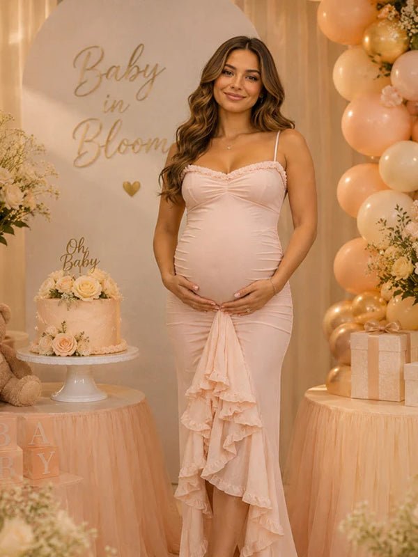 Spaghetti Strap Ruffle Ruched Grenadine Maternity Baby Shower Maxi Dress for Maternity