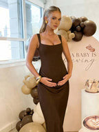 Brown Ruched Bodice Lace-up Back Tank Bodycon Maternity Maxi Dress for Maternity