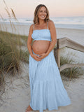 Chic Blue Two Piece Falbala A-line Shirring Spaghetti Straps Vacation Maternity Maxi Dress for Maternity