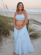 Chic Blue Two Piece Falbala A-line Shirring Spaghetti Straps Vacation Maternity Maxi Dress for Maternity