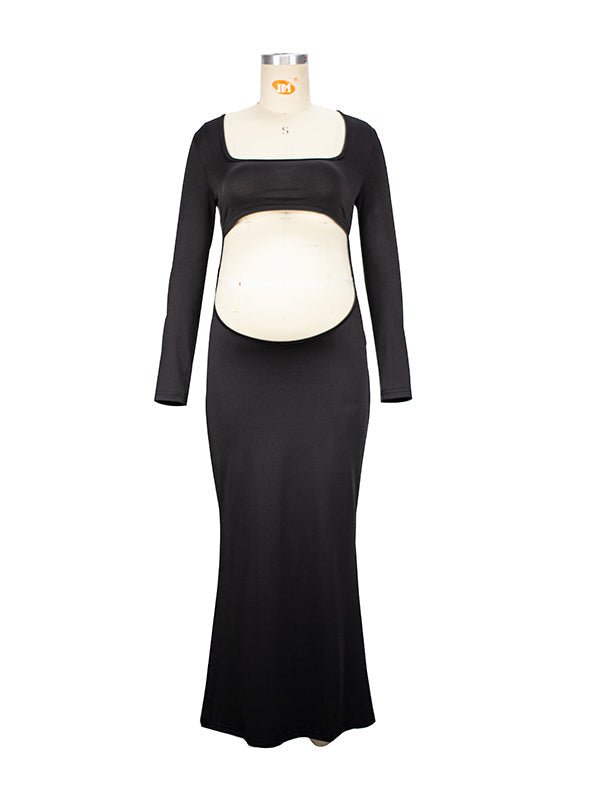 Black Cut Out Mermaid Crop Long Sleeve Backless Bodycon Cocktail Club Party Photoshoot Maternity Maxi Dress for Maternity