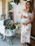 Ruffle Flouncy Tulle Off Shoulder Ruched Flower Maternity Baby Shower Maxi Dress for Maternity