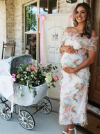 Ruffle Flouncy Tulle Off Shoulder Ruched Flower Maternity Baby Shower Maxi Dress for Maternity