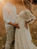 White Off Shoulder Lace Tiered Boat Neck Flowy Elegant Western Maternity Photoshoot Maxi Dress for Maternity