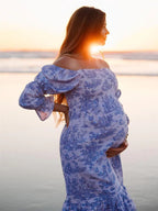 Ruffle Ruched High Waist Puff Sleeve Cute Photoshoot Maternity Maxi Dress for Maternity