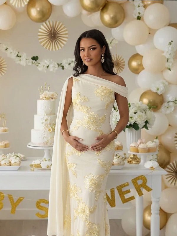 Embroidered One-shoulder Mesh Floral Shoulder Streamer Bodycon Baby Shower Maternity Maxi Dress for Maternity