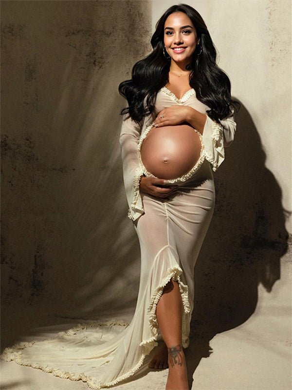 Ivory Sheer Ruffle Cut Out Crop Slit Falbala Deep V-neck Mermaid Elegant Maternity Photoshoot Maxi Dress for Maternity