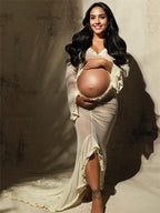 Ivory Sheer Ruffle Cut Out Crop Slit Falbala Deep V-neck Mermaid Elegant Maternity Photoshoot Maxi Dress for Maternity