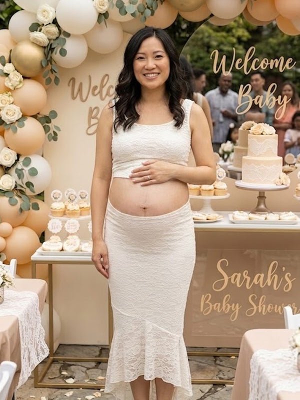 White Lace Backless Lace Up Two Piece Maternity Baby Shower Maxi Dress for Maternity