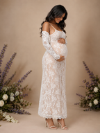 2-Piece Floral Lace Maternity Dress Set – Long Sleeve Pregnancy Gown - Momymoments