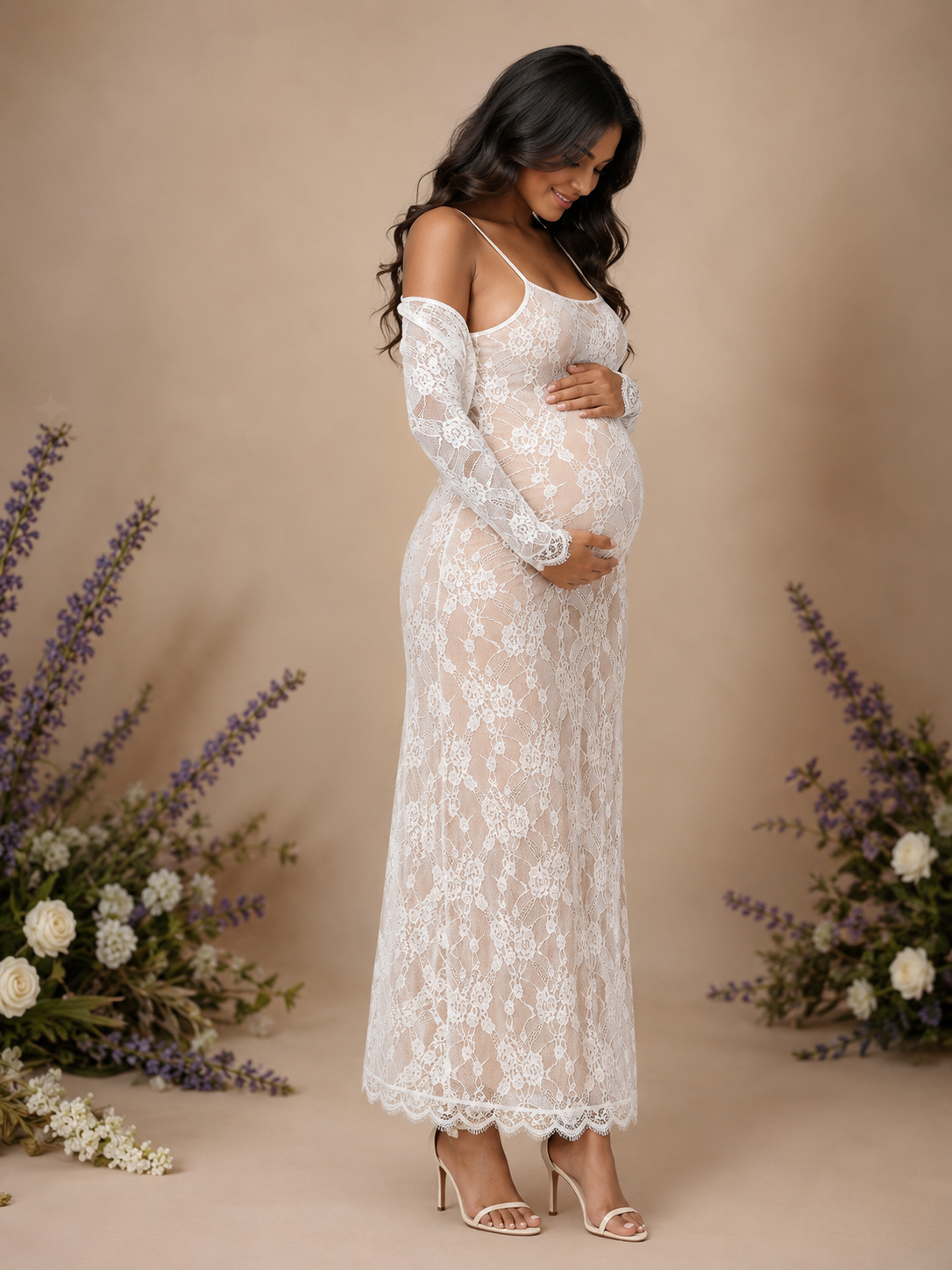2-Piece Floral Lace Maternity Dress Set – Long Sleeve Pregnancy Gown - Momymoments