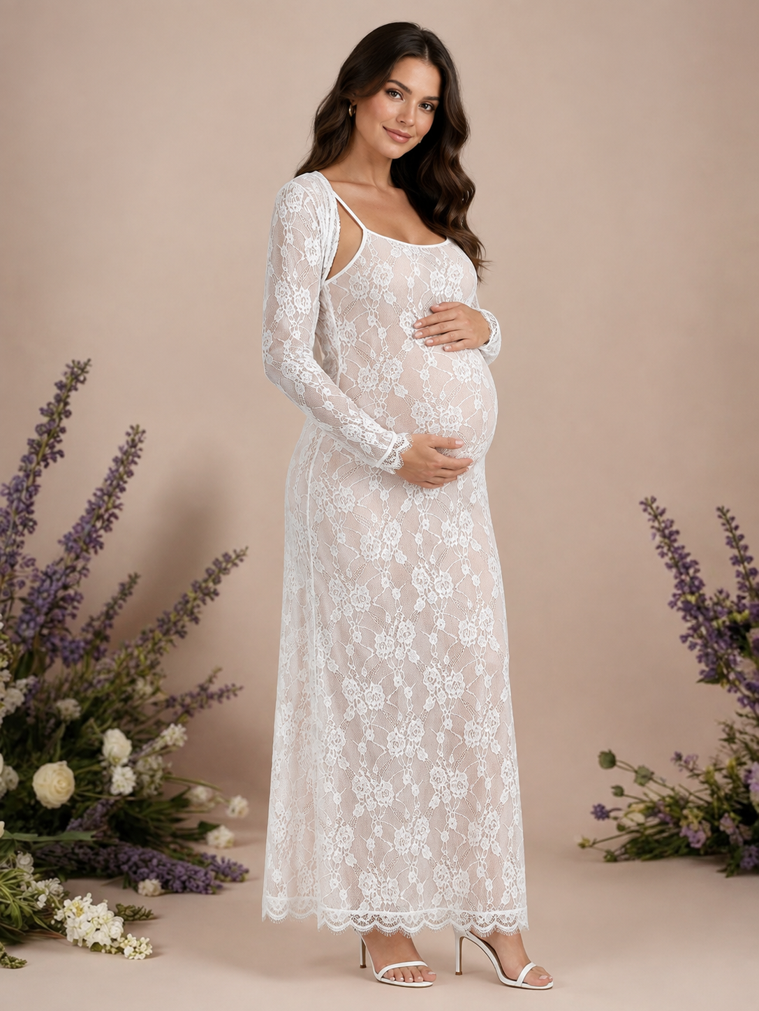 2-Piece Floral Lace Maternity Dress Set – Long Sleeve Pregnancy Gown - Momymoments