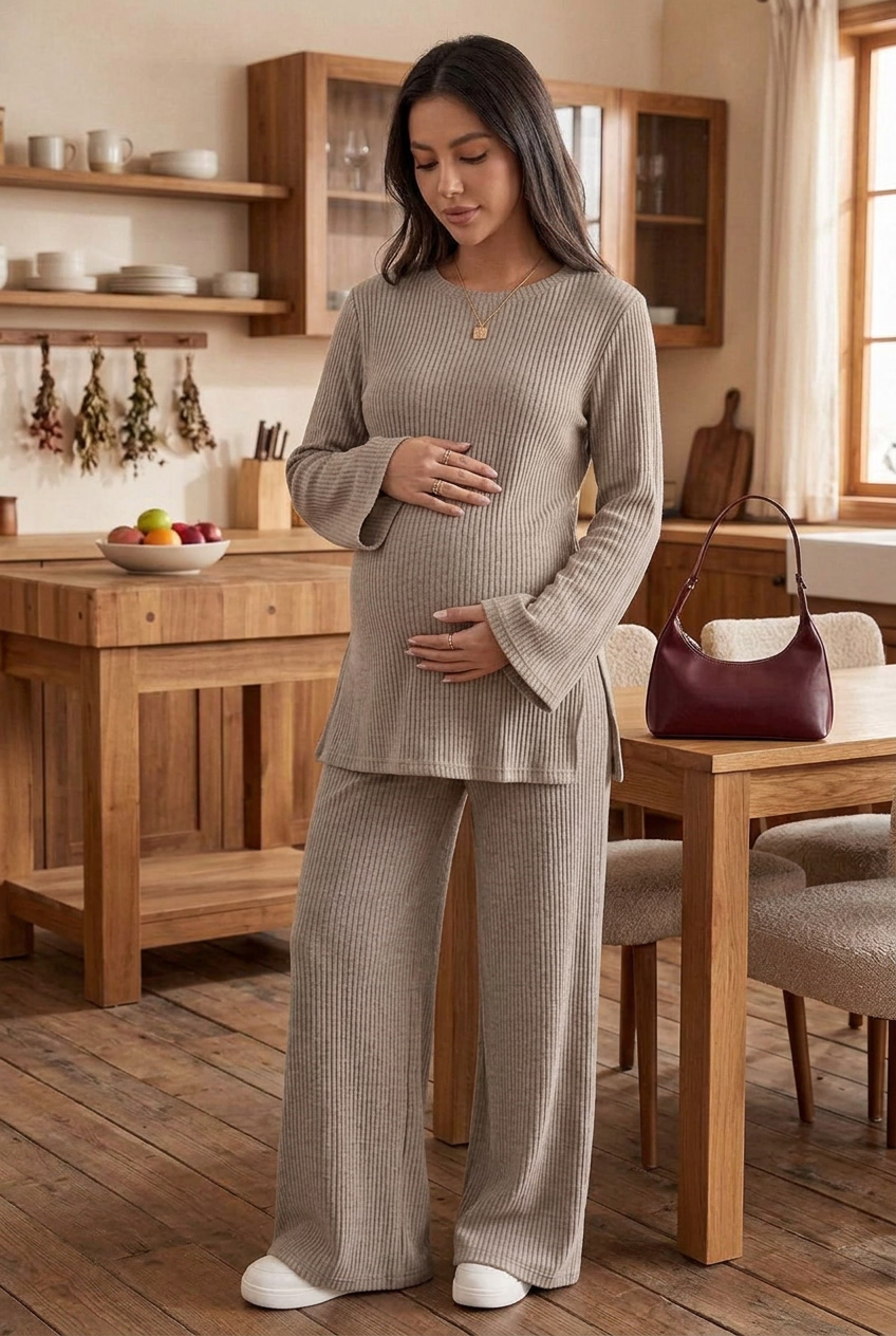 2-Piece Maternity Lounge Set Long Sleeve Sweater and Trousers, Soft Stretch Knit Casual Fall Winter Maternity Clothes